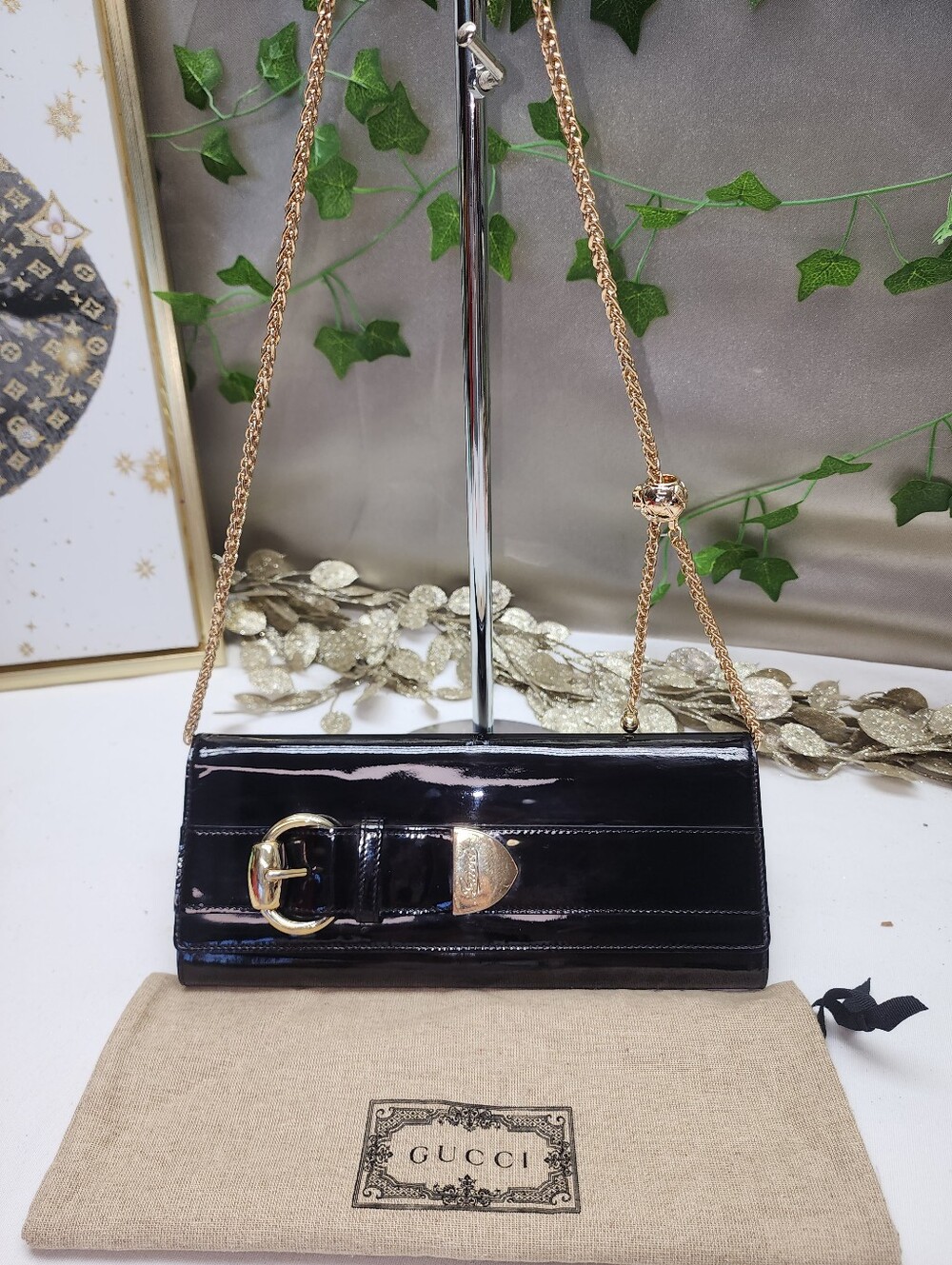 Authentic Gucci Patent Romy Clutch Black With Gold And Dust Bag